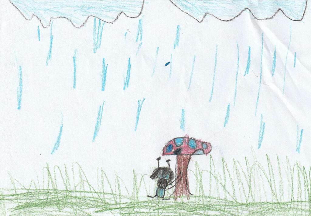 Dječji rad - mrav se skriva od kiše ispod gljive